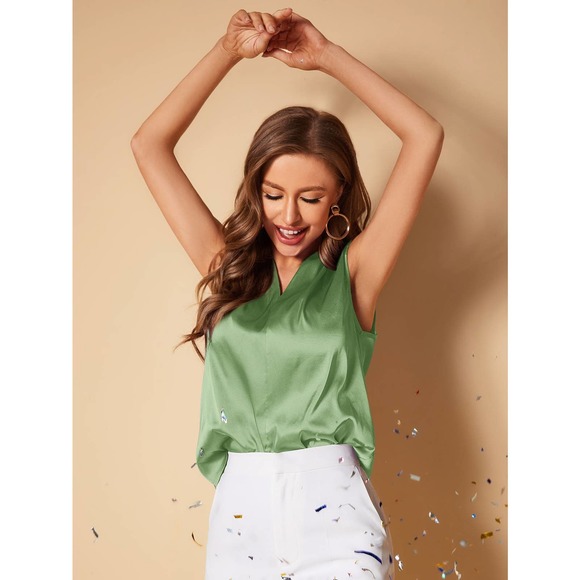 Rust orange Solid V Neck Satin sleeveless Blouse - Picture 10 of 12